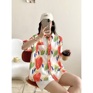 Sẵn sàng - Áo sơ mi nữ tay ngắn 100% sợi cotton cao cấp mùa xuân 2026, thiết kế hoạt hình ngọt ngào với họa tiết graffiti