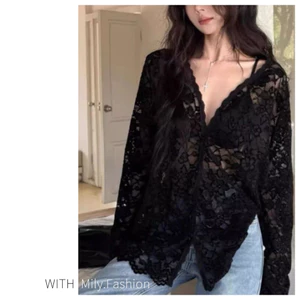 Milyfashion Loose Size Lớn Cổ Chữ V Ren Dài Tay Áo Sơ Mi Ngọt Cay Rỗng Top Gợi Cảm Nguyên Chất Desire Đen