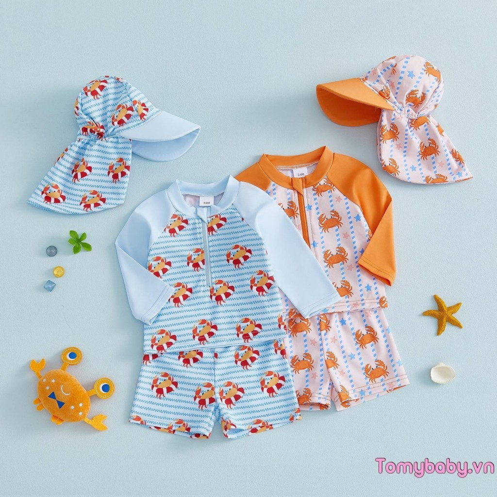 Áo dài tay in hình cua cho bé trai + Quần bơi + Mũ chống nắng Bộ đồ tắm khô nhanh 3 mảnh