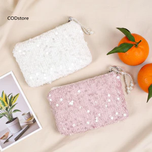 KDCOD * Túi đựng mỹ phẩm lót Polyester đính cườm sành điệu cho nữ, ly hợp lấp lánh, dây kéo, ngọc trai giả, di động du lịch, túi vệ sinh cho bé gái