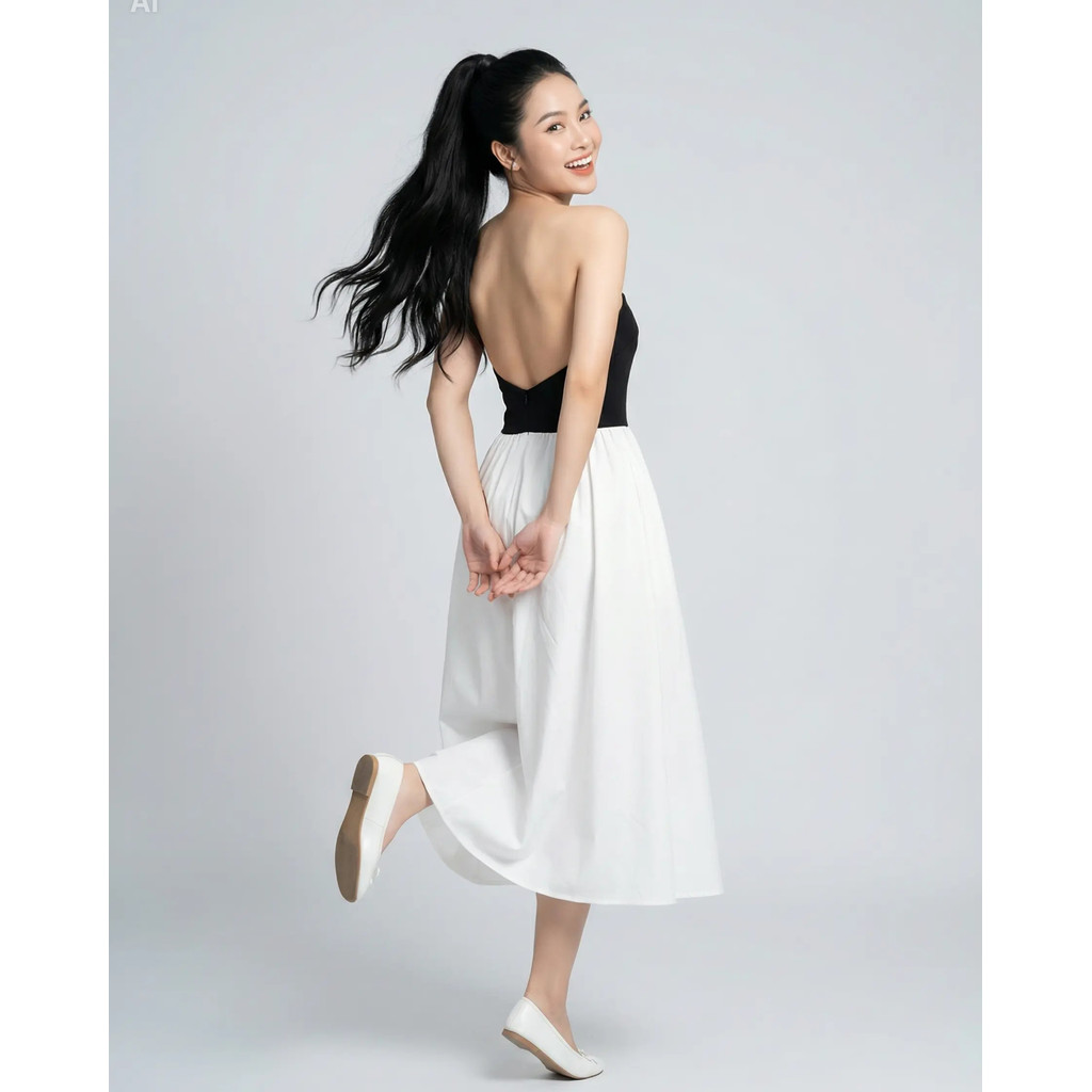 Váy Form Dài SHI Nữ Cúp Ngực Tùng Xòe Màu Tương Phản Trắng Đen