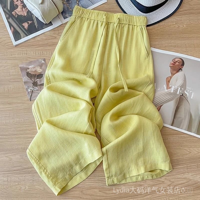 Quần ống rộng eo cao màu vàng chất liệu linen drap - Phong cách mỏng nhẹ,deal ưu đãi mùa hè