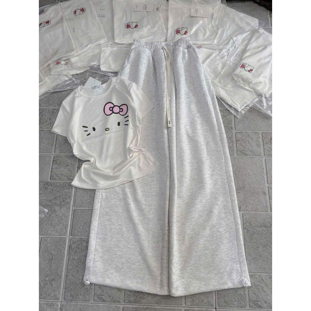 sét bộ quần dài da cá xám tiêu +mix áo thun Croptop chất tăm hình mèo đơn giản -chang3158