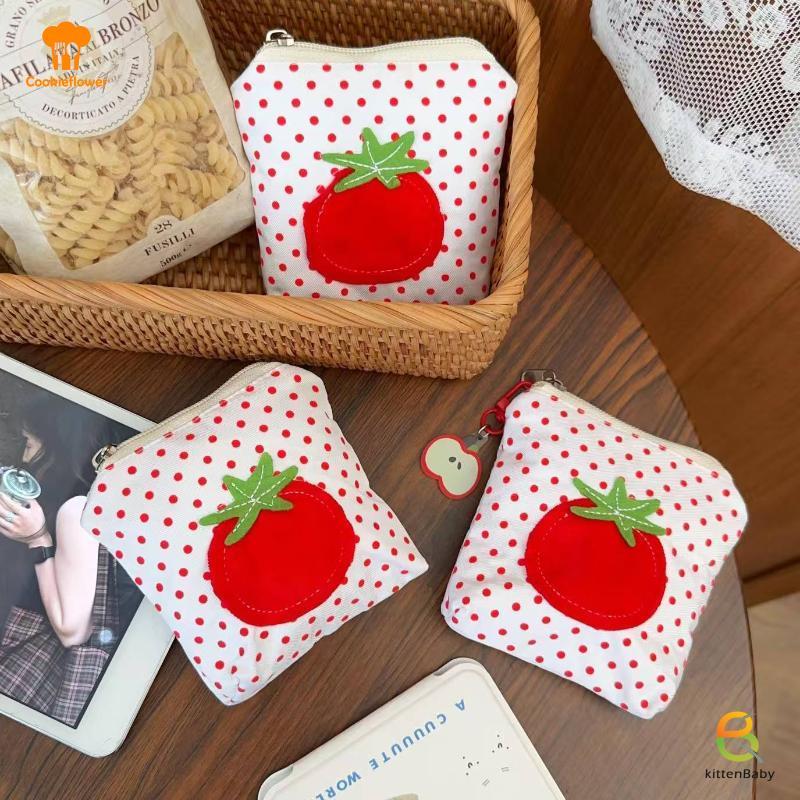 [Kitten-t] Ví đựng tiền xu phong cách cà chua Chấm bi màu đỏ Ví đựng tiền Mini phong cách Hàn Quốc dễ thương Tai nghe Lipsti Ví đựng túi xách mới
