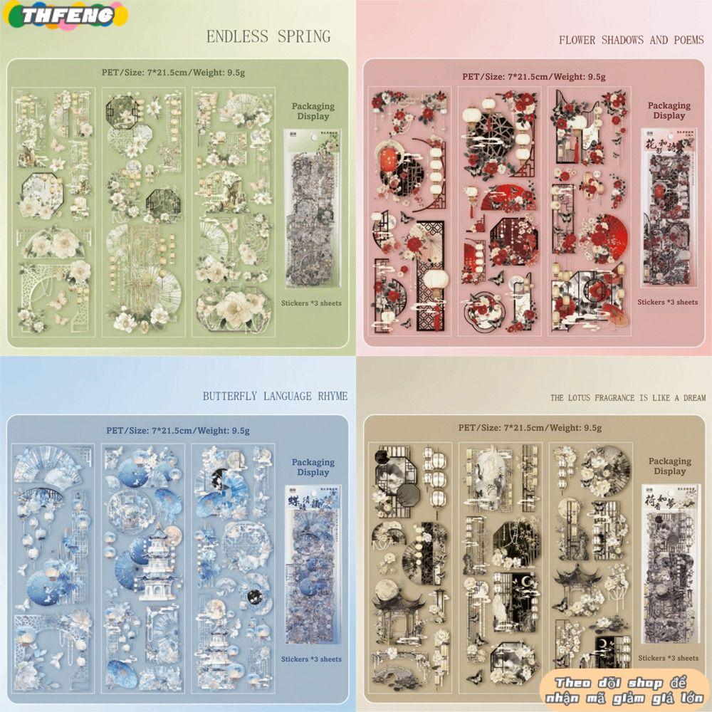 THFENG 3 tờ / túi Nhãn dán dập nóng, Nhãn dán PET thiết kế sáng tạo cổ điển, Hoa cổ điển phong cách Trung Quốc Nhãn dán DIY Trang trí sổ lưu niệm