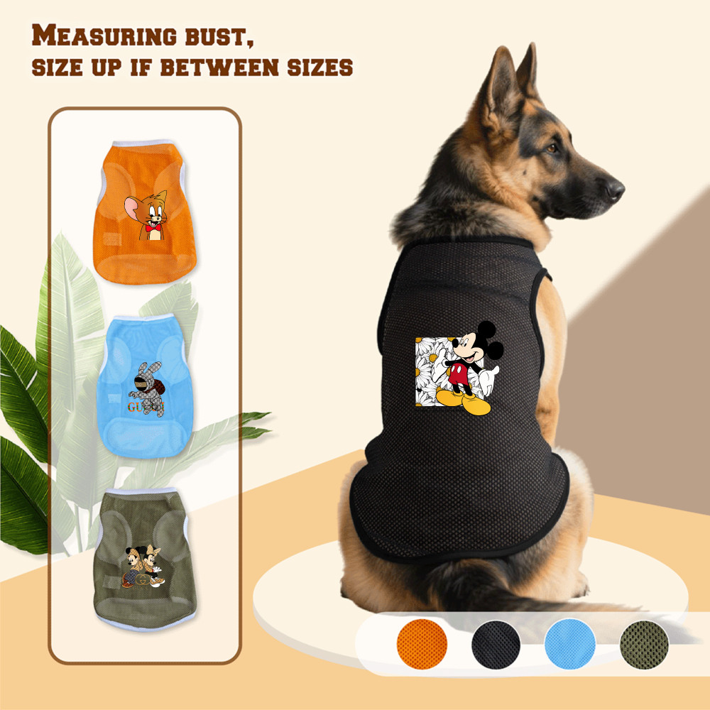 Áo vest lưới cho chó cỡ lớn, kích thước 3XL-6XL, phong cách chui đầu, thiết kế in hình chuột Mickey và Stitch, có sẵn 4 màu, thích hợp để sử dụng trong nhà và ngoài trời, và phù hợp với tất cả các giống chó lớn.