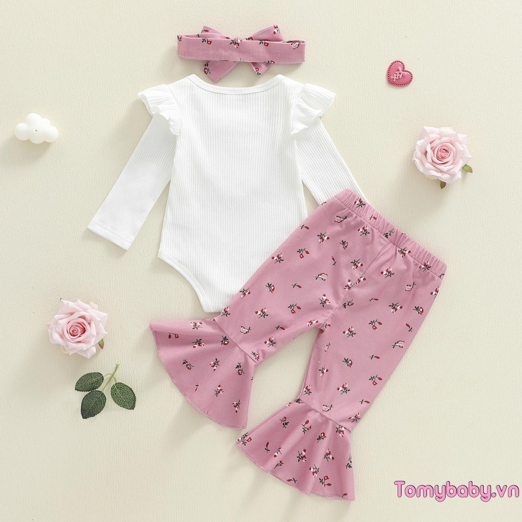 Bộ trang phục mùa thu cho bé gái Áo liền quần dài tay hình trái tim + Quần loe họa tiết hoa + Băng đô nơ Bộ 3 chiếc