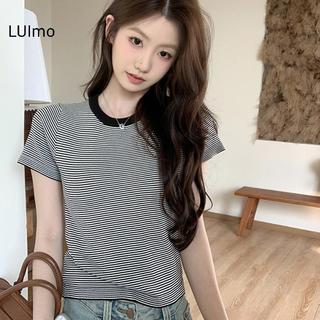 Áo thun nữ mùa hè sọc tay ngắn, chất liệu dệt kim với chi tiết băng lụa, thoải mái cho hàng ngày
