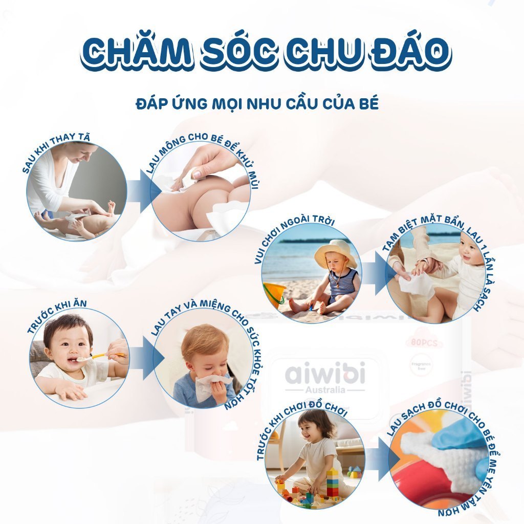 [Combo 10] Khăn Ướt Không Cồn Aiwibi Dịu Nhẹ, An Toàn Cho Da Nhạy Cảm (1 Gói 80 Miếng)