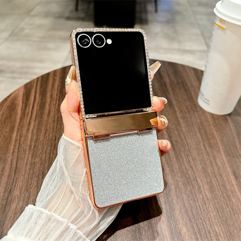 Sang Trọng Sáng Bóng Kim Cương Mạ Điện Bản Lề 2in1 Ốp Lưng Điện Thoại Samsung Galaxy Z Flip 7 7FE Flip 6 5 4 3 Bling Lấp Lánh Chống Sốc