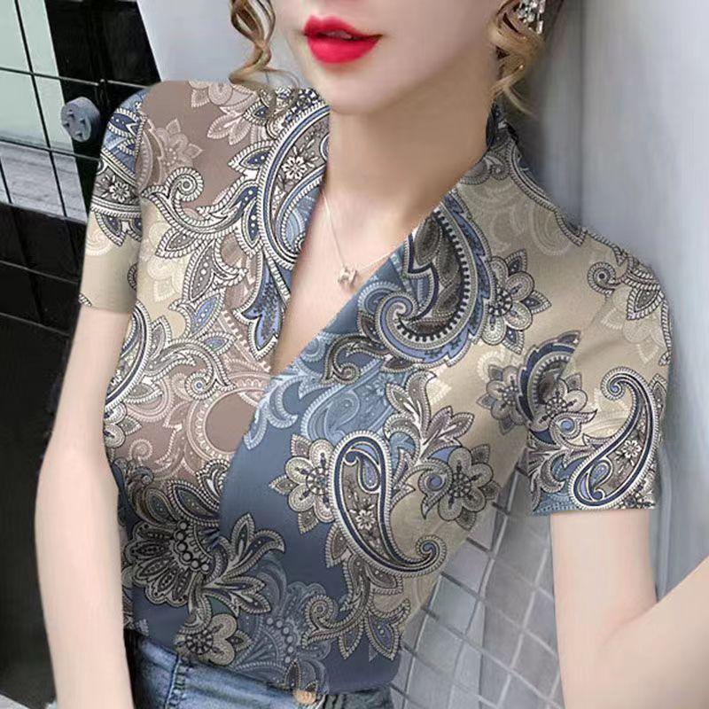 Áo thun nữ cổ chữ V slim-fit chất liệu lụa lạnh, phong cách phương Tây, xu hướng xuân hè