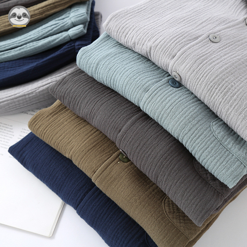 Phong Cách Nhật Bản Phong Cách Đơn Giản Nam Đơn Sắc Sợi Hai Lớp Cotton Nguyên Chất Quần Dài Tay Bộ Đồ Ngủ / Sợi Cotton Hai Lớp Cardigan Màu Trơn Xuân Thu Loungewear