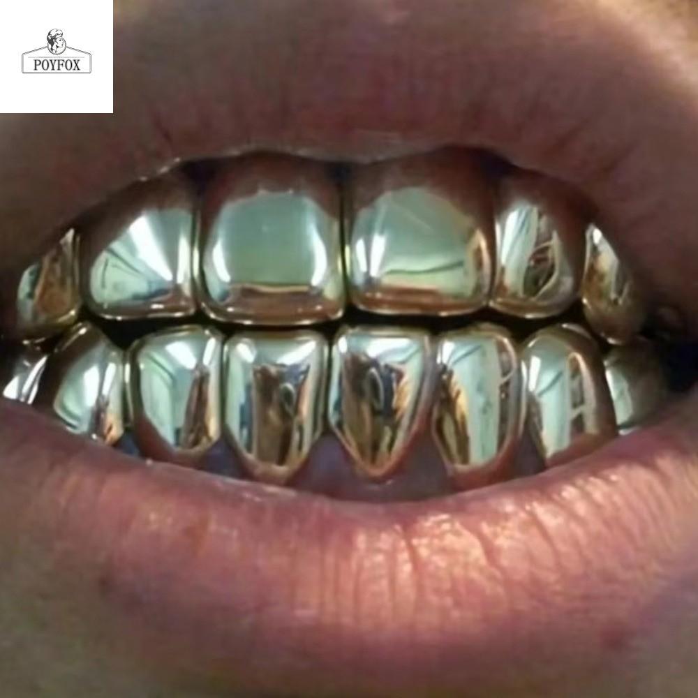 POYFOX Răng Grillz Top Đáy Bộ, Mũ Lưới Nướng Răng Chống Trơn Trượt Sáng Bóng, Hợp Thời Trang Đồng Bạc Vàng Răng Trang Sức Cosplay