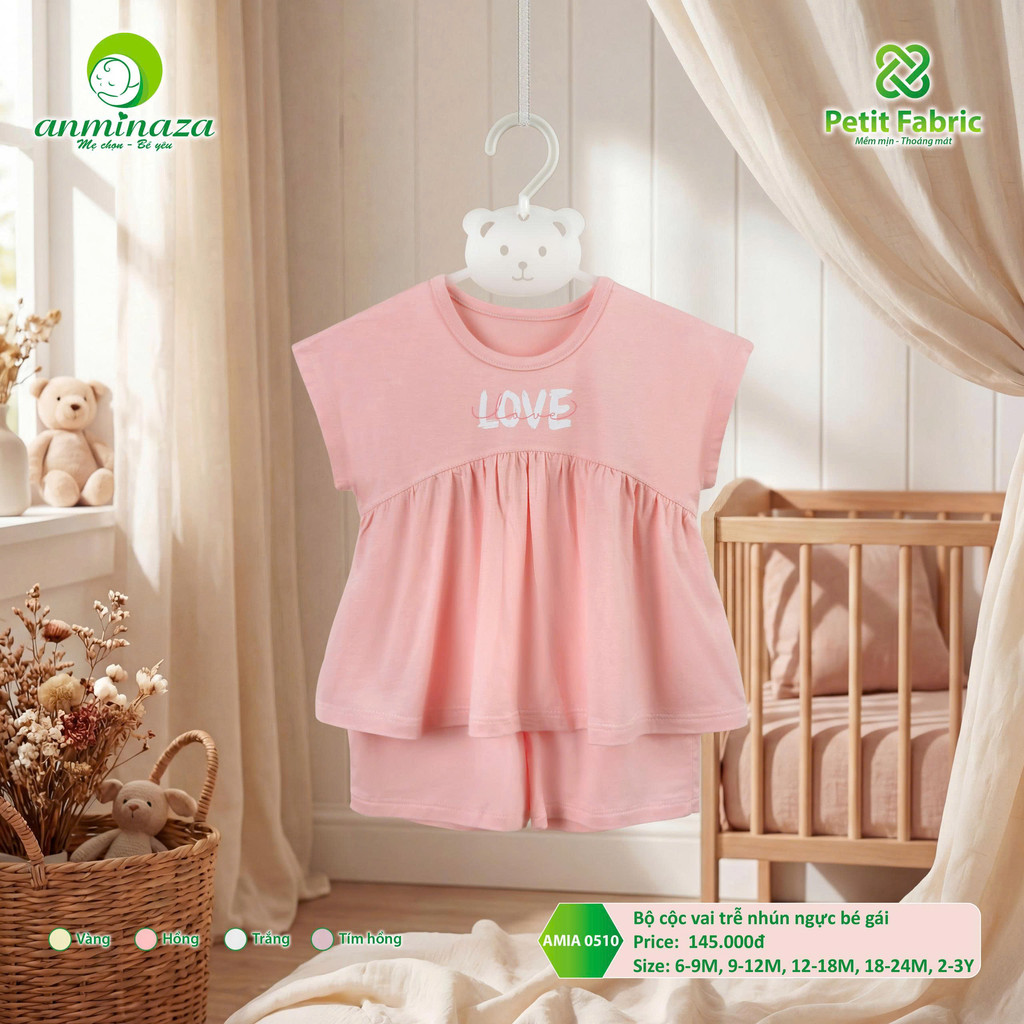 Bộ Cộc Tay Trễ Nhún Ngực Bé Gái Anminaza Vải Sợi Tre Petit Mềm Mại Thoáng Mát - Hàng Chính Hãng AMI0510