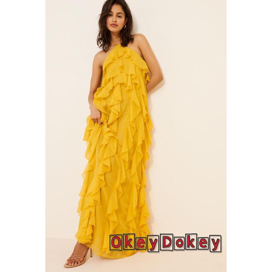 OKDK-Nữ Dây Lưng Không Tay Màu Trơn Xù Đầm Maxi Cho Tiệc Cưới