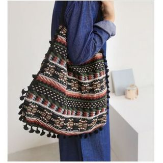 Túi Dung Tích Lớn Túi Đeo Vai Nữ Vải Jacquard Túi Lớn Phong Cách Dân Tộc Bohemian Túi Tua Rua