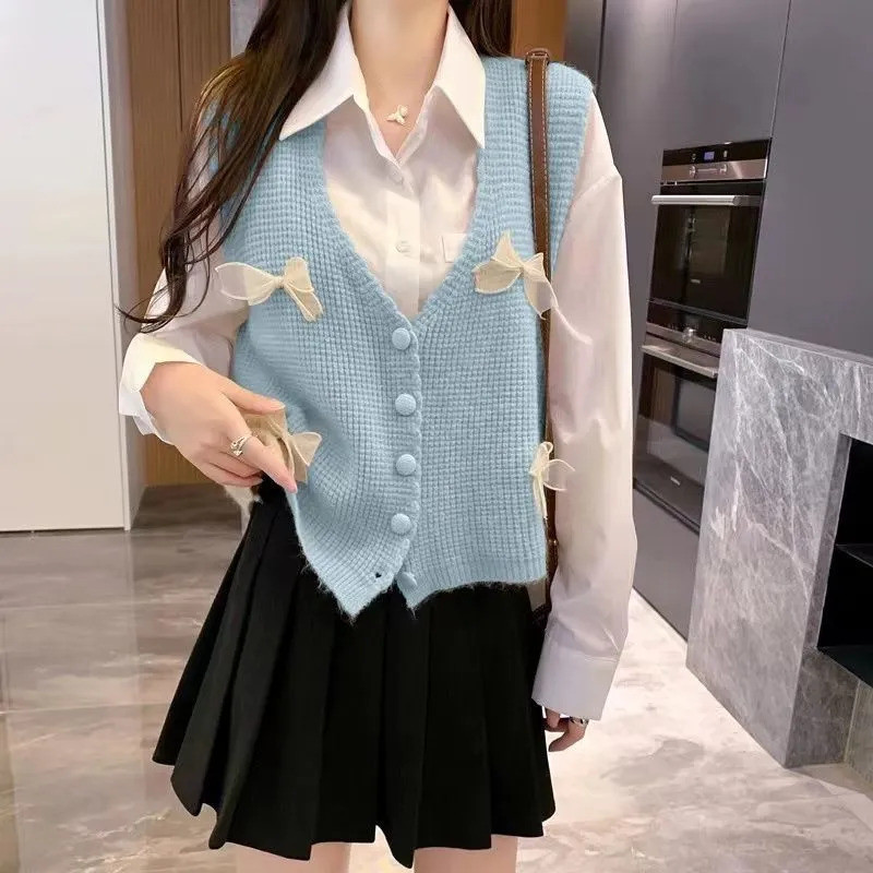 Milyfashion Nơ Nhỏ Cổ Chữ V Áo Vest Không Tay Phong Cách Mới Mỏng Ngắn Dệt Kim Áo Vest