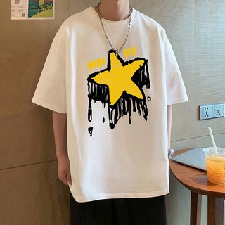 Áo thun nam cổ tròn thoải mái, chất liệu dày dặn, in hình hoạt hình ngôi sao graffiti một mặt.