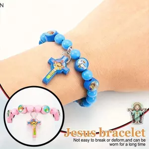 Vòng tay mân côi và mặt dây chuyền chữ thập acrylic retro, phù hợp mặc hàng ngày hoặc làm quà tặng tôn giáo