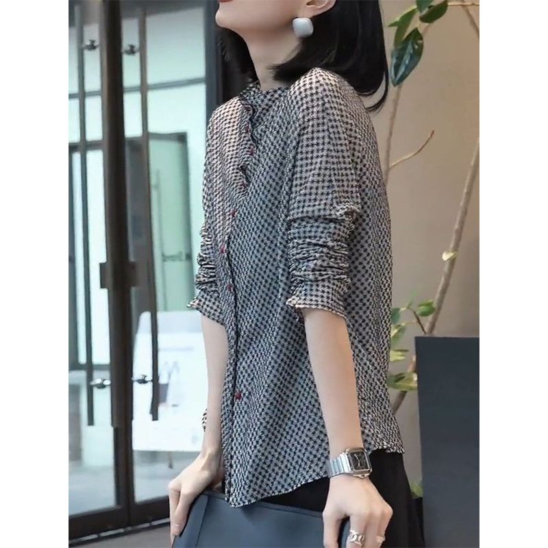 [Giảm giá 50%] Áo sơ mi houndstooth cổ đứng dành cho nữ - Tay dài, dáng ôm, phù hợp thu đông