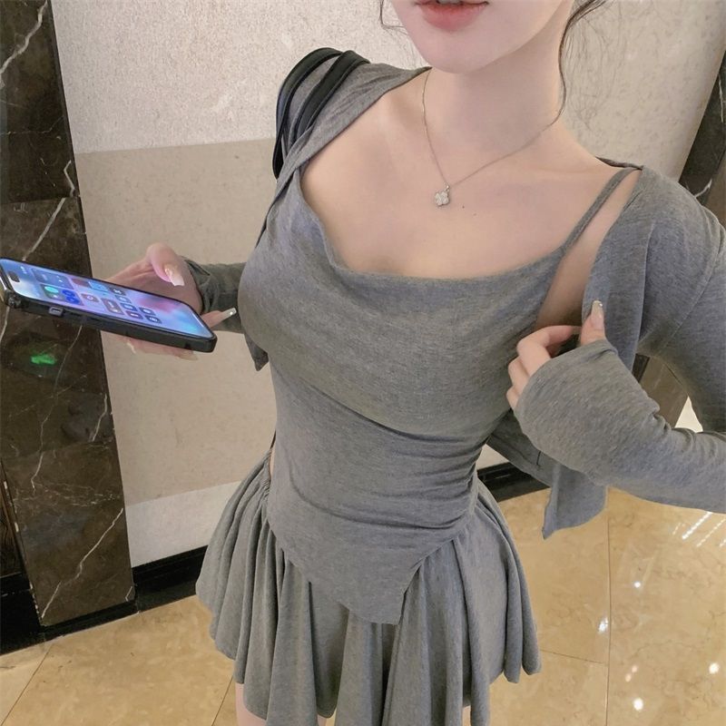 Phong Cách Hàn Quốc Thu Đông Phong Cách Mới Sang Trọng Phù Hợp Với Nữ Chống Nắng Cardigan Áo Liền Quần Váy Xếp Ly Ba Mảnh Phù Hợp Với