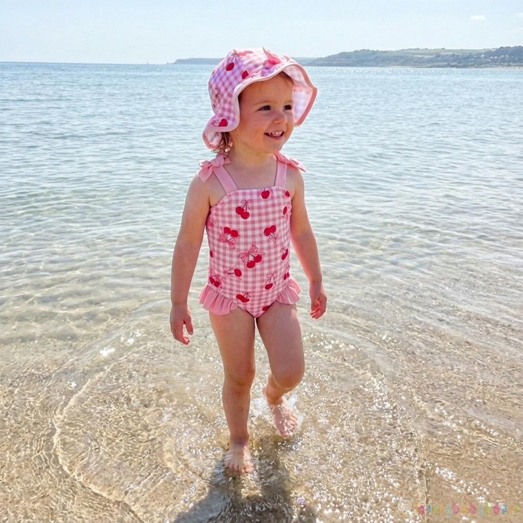 LBH-Toddler Girl Summer Strawberry / Bow / Cherry Print Áo tắm đeo vai không tay có mũ bơi