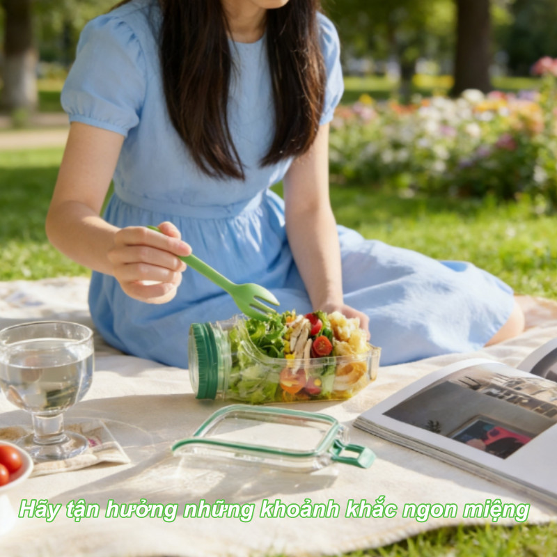 Bình Đựng Salad Chống Rò Rỉ - Nhựa PP Trong Suốt An Toàn, Dùng Cho Văn Phòng, Dã Ngoại Và Gia Đình