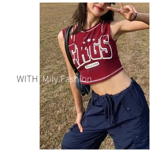 Milyfashion Áo Ngắn Ghép Giả Hai Mảnh Phối Màu Tương Phản Hình Chữ I Phong Cách Retro Mỹ Cho Nữ