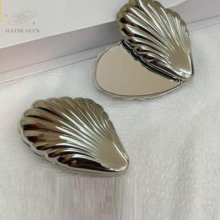 [hatheaven] Gương trang điểm có thể gập lại Kim loại vỏ sò Mini hình dạng không dễ vỡ và di động Gương hai mặt thích hợp cho túi đẹp