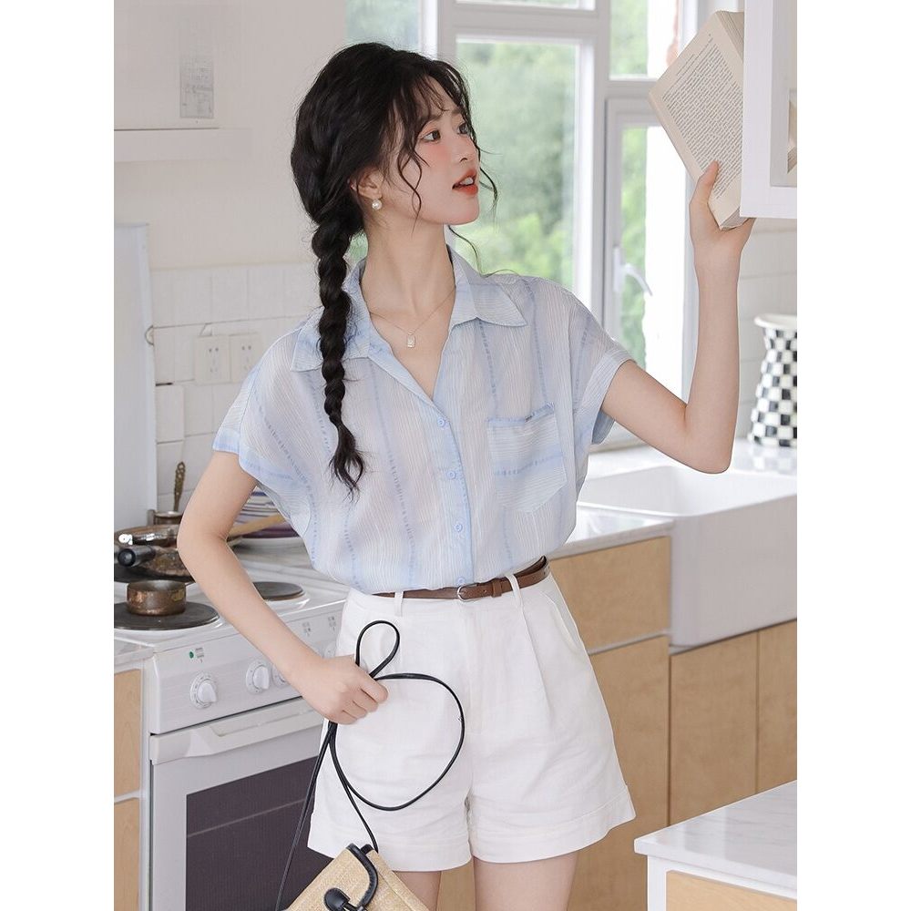MUTU | Áo sơ mi mỏng không tay sọc kiểu Pháp