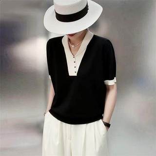Áo thun tay ngắn dệt kim mỏng, cổ chữ V, style Hàn Quốc, dễ mặc hàng ngày