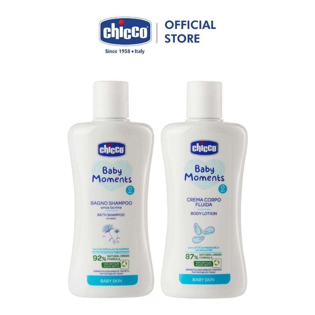 (Tặng túi đựng) Combo Chicco mềm mịn 4 (Sữa tắm gội Hoa cúc 200ml & Sữa dưỡng ẩm hạnh nhân)
