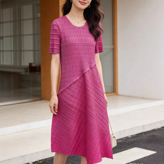Váy Miyake Nữ Mùa Hè Thiết Kế Cao Cấp Cảm Thấy Rời Cổ Tròn Tay Ngắn Tính Khí Không Đều Thanh Lịch Giữa Chiều Dài Váy
