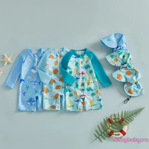 Bộ đồ bơi bé trai Rash Guard Marine Life In hình Đồ bơi dài tay có mũ Bộ 2 chiếc