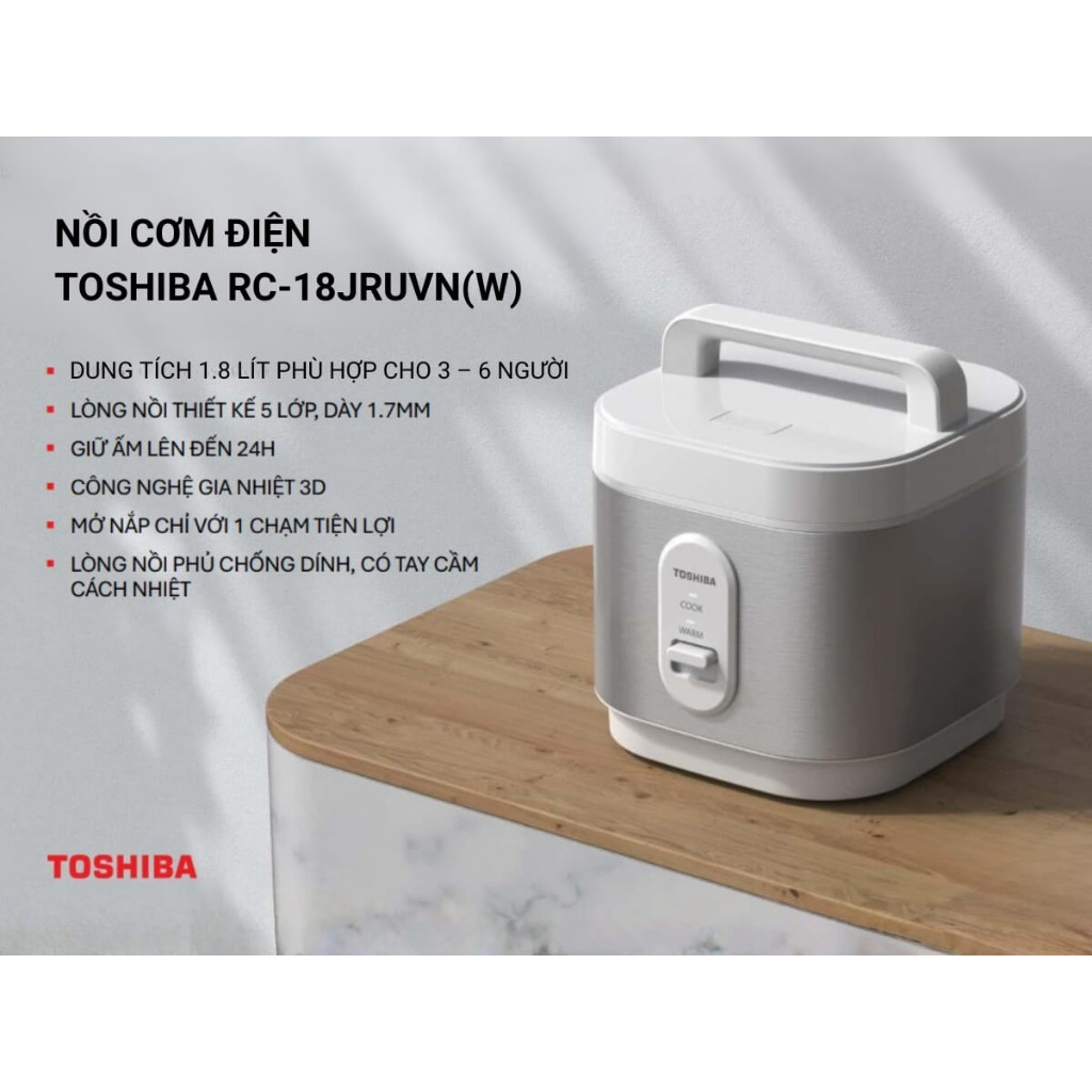 Nồi cơm điện nắp gài Obento Toshiba RC-10JRUVN(W)/RC-18JRUVN(W) - Bảo hành chính hãng 12 tháng