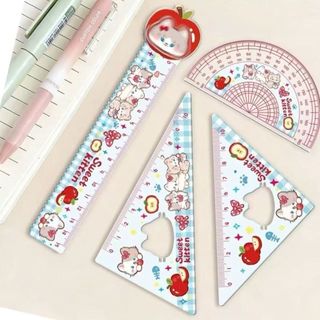 Bộ thước kẻ thẳng PEASEE 4 món hình mèo con, màu đỏ/xanh lá, thước đo hoạt hình vẽ văn phòng phẩm trường học