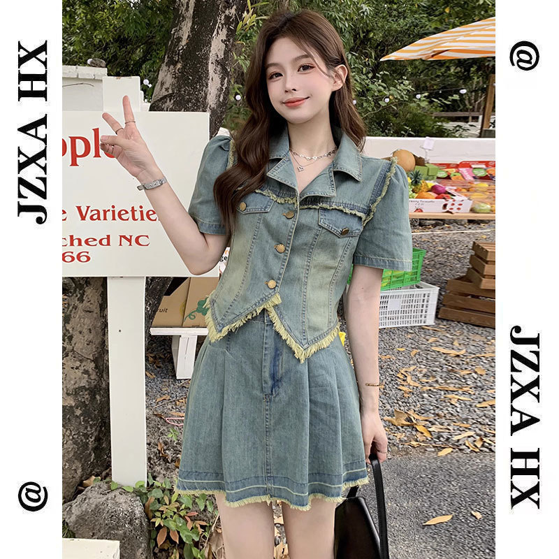 Bộ Váy Denim Cỡ Lớn Cho Nữ, Bộ Hai Chiếc Tôn Dáng Gầy, Váy Ngắn Phong Cách Thuần Khiết Mặc Kiểu Mỹ Ngọt Ngào Và Cay