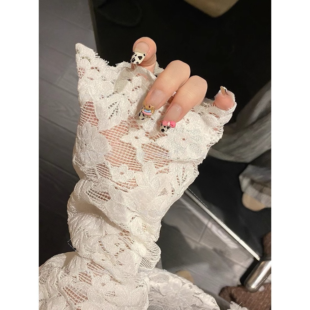 Milyfashion Loose Size Lớn Cổ Chữ V Ren Dài Tay Áo Sơ Mi Ngọt Cay Rỗng Top Gợi Cảm Nguyên Chất Desire Đen