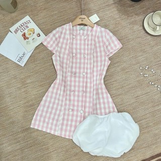 Váy Đầm Kẻ Caro Nữ Dáng Suông Cổ Tròn Cúc Bọc Đai Lưng, Váy Kẻ Sọc Ulzzang Hàn Quốc