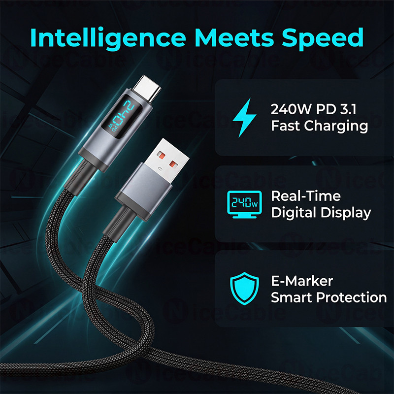 Cáp dữ liệu bện Nylon tùy chọn 1M / 2M / 3M Cáp USB / Type C sang Type C có màn hình hiển thị trực quan Dây sạc siêu nhanh 6A cho điện thoại / máy tính bảng