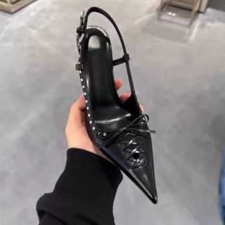 Mũi Nhọn Đinh Tán Giày Nữ Mùa Xuân Hè 2025 Mũi Che Lưng Dép Trống Stiletto Ren Cao Gót Thời Trang Sang Trọng Giày Đơn