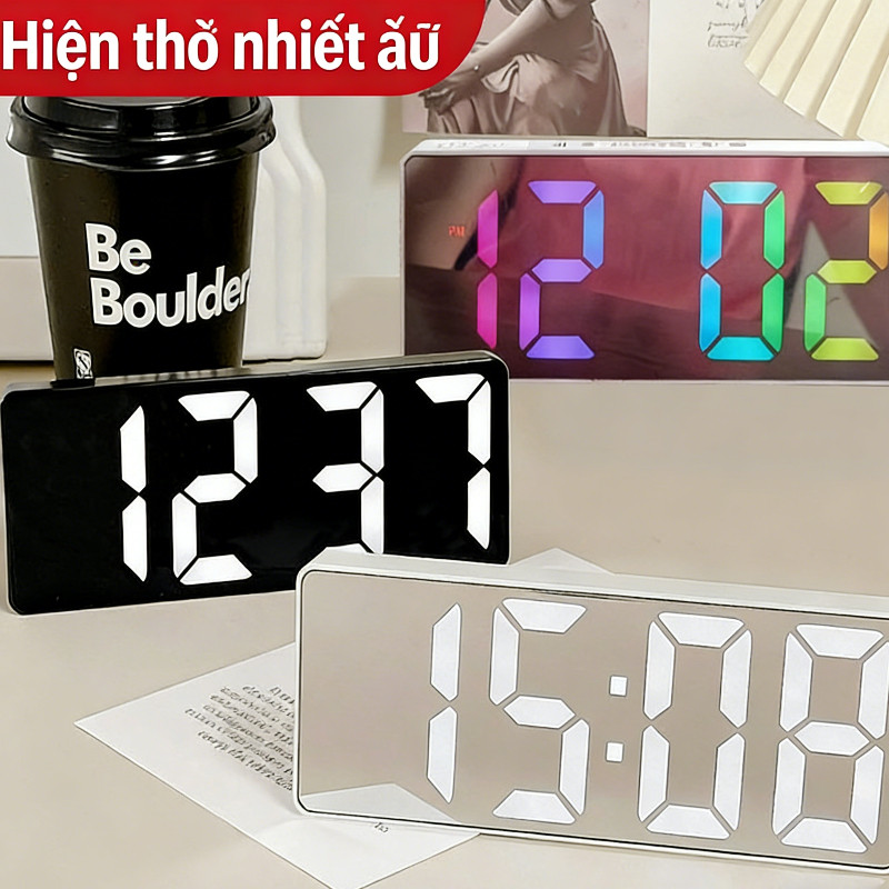 Đồng hồ LED 3D thông minh để bàn treo tường, báo thức, hiển thị thời gian & nhiệt độ, decor vintage phòng ngủ