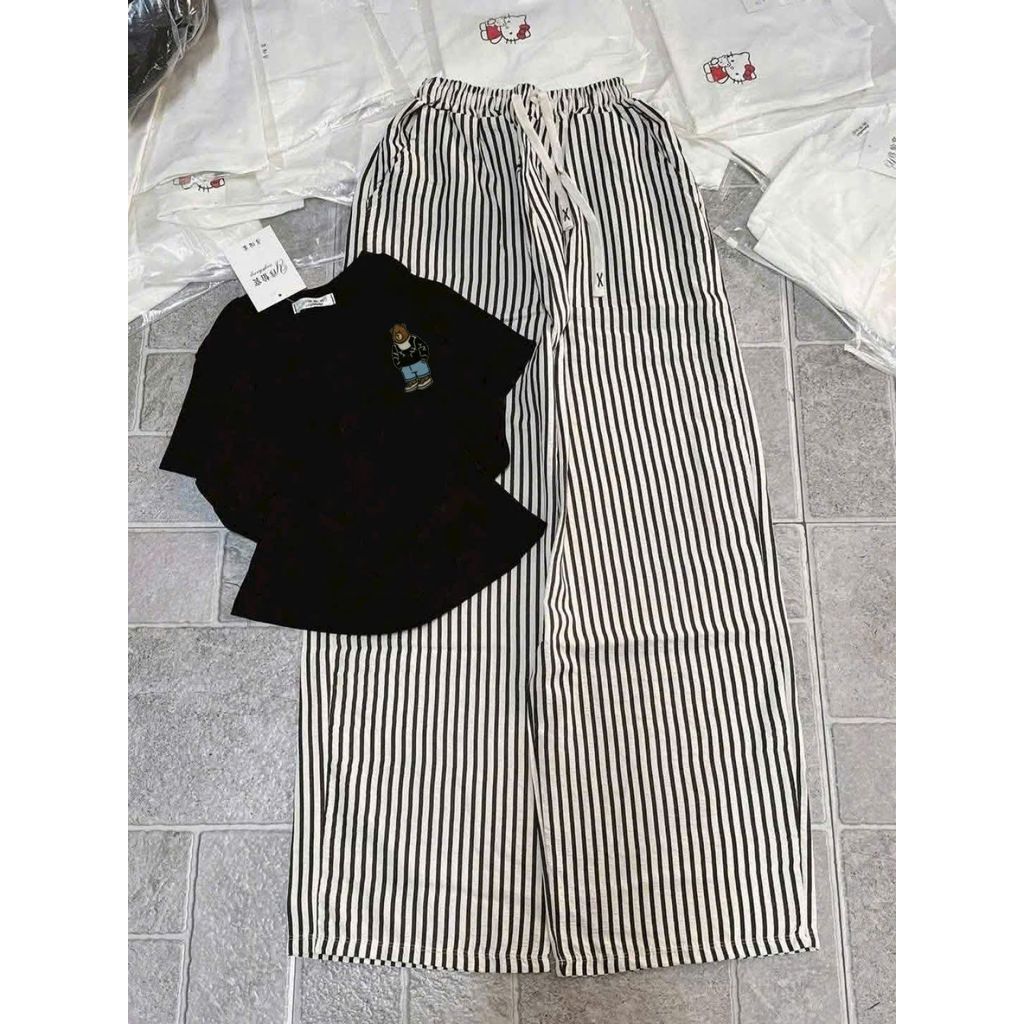 sét bộ quần dài kẻ vằn đũi xốp siêu xinh+mix áo Croptop hình gấu xanh in ng ự c chất tăm-chang3158