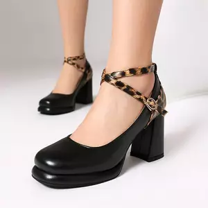 VNTMLH34-43 Kích Thước Lớn Thời Trang Châu Âu Phong Cách Mỹ Ngón Chân Tròn Dày Cao Gót Da Báo In Khâu Mary Jane Giày Chữ Thập Dây Đeo Sau Dây Giày Gợi Cảm