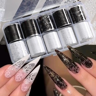 HAVENLYCO Nail Foils, Nhãn dán móng tay thiết kế ren trắng đen, Hiệu ứng Sequin chuyên nghiệp Họa tiết sọc da báo Đề can móng tay DIY
