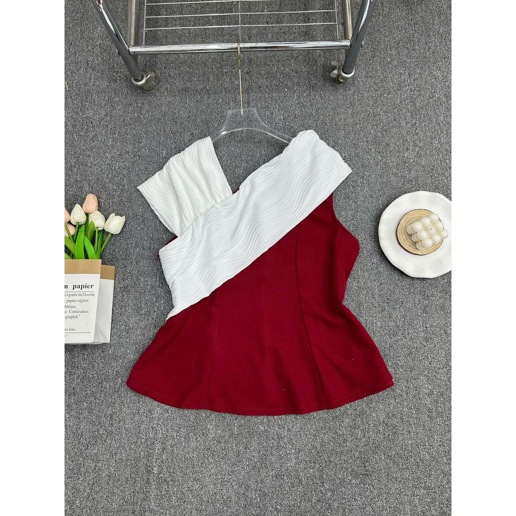Áo Trễ Vai Chất Tuyết Hàn Phối Thun Gân Cổ Chữ V Lệch Vai ESHOP Áo Thiết Kế Peplum Sang Chảnh Đẹp MS399 Top Áo Women