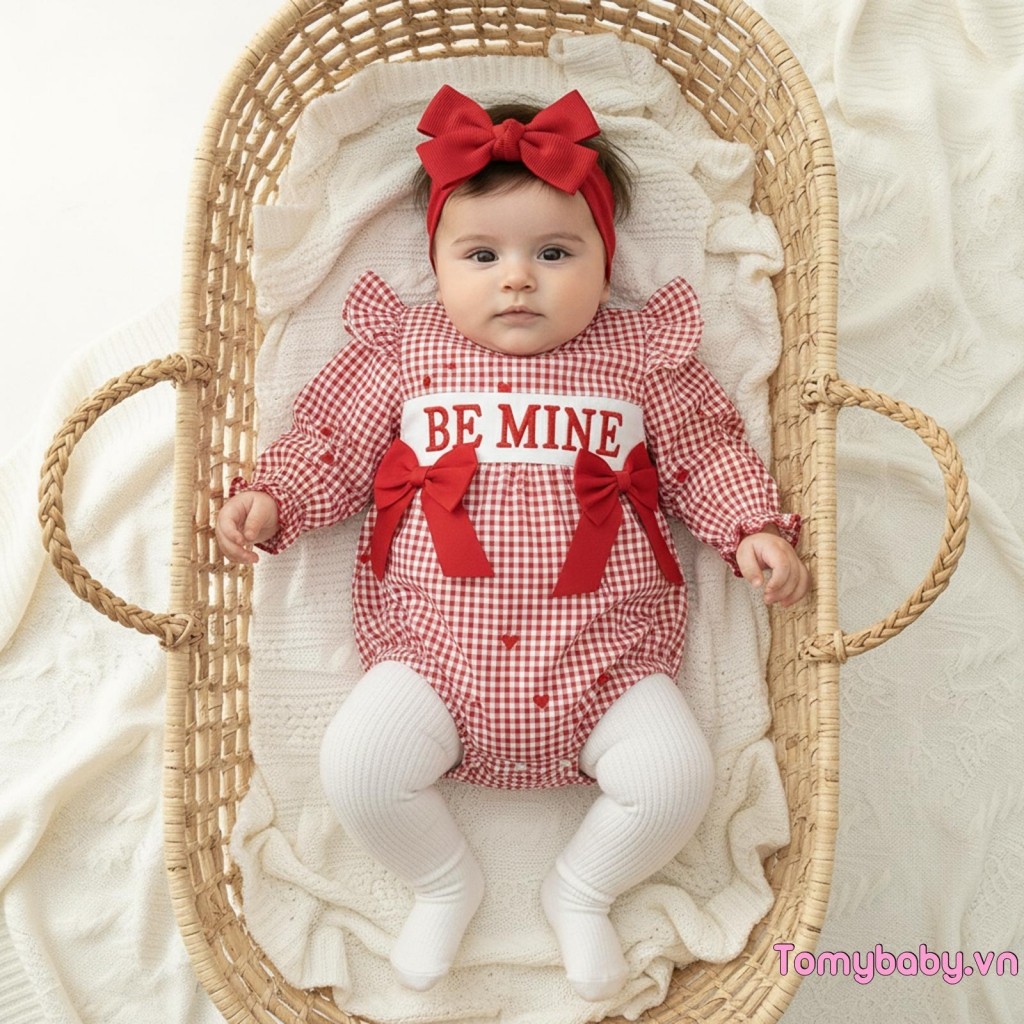 Áo liền quần thêu trái tim dài tay ngày lễ tình nhân có băng đô