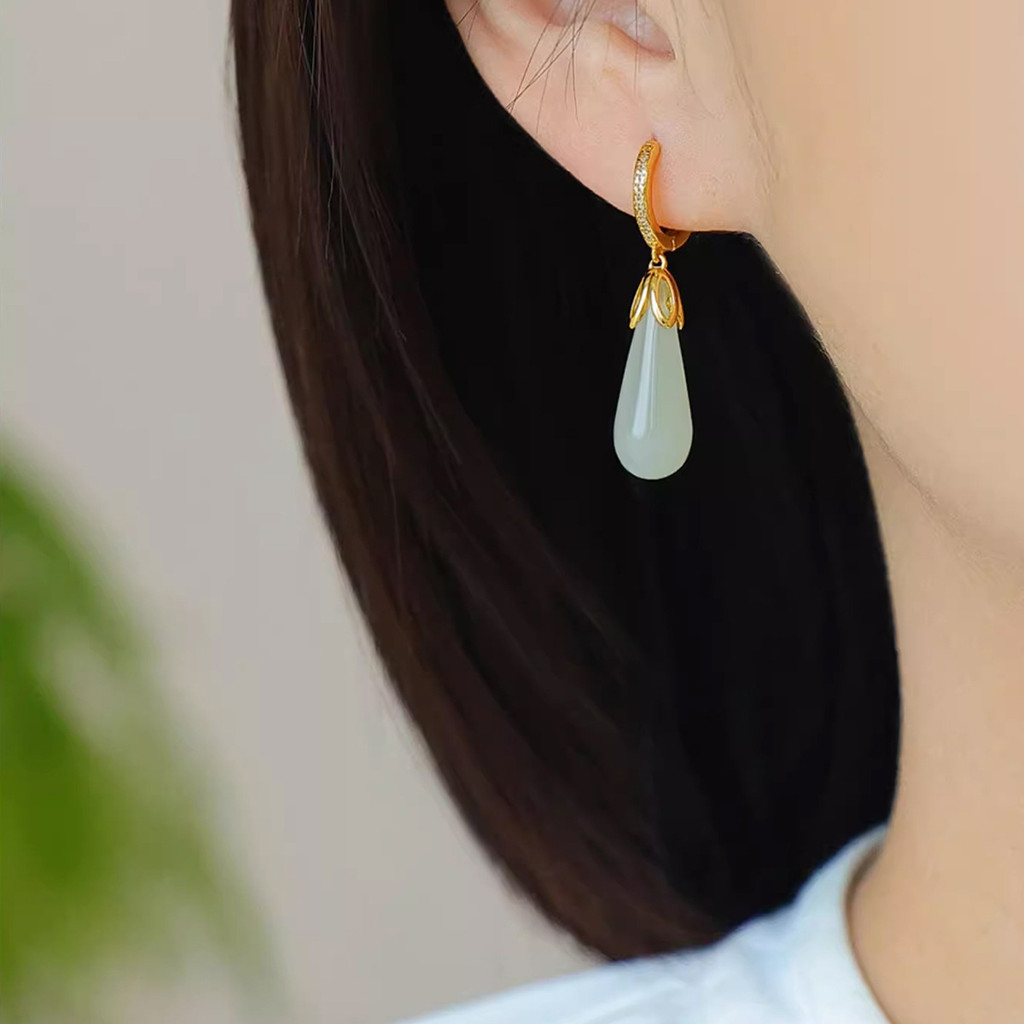 Bông tai ngọc bích Hetian phong cách Trung Quốc mới dành cho nữ