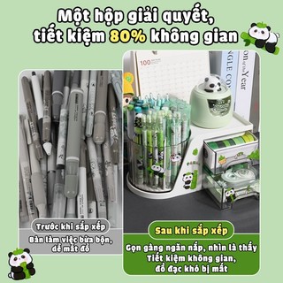 Hộp đựng bút để bàn nhiều ngăn - Kệ đựng mỹ phẩm, cute xoay 360 tiện lợi, tặng nhãn dán gấu trúc cho học sinh đa năng