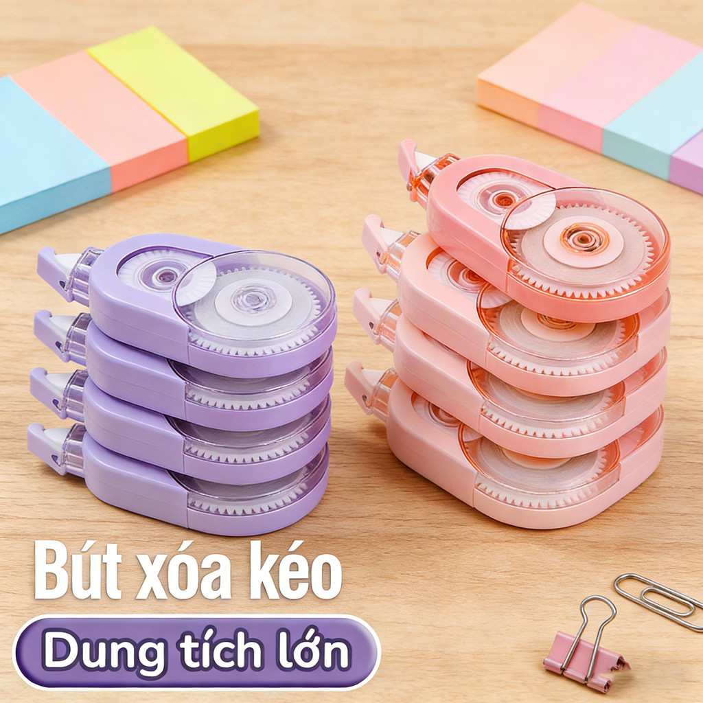 Bút xoá kéo học sinh màu pastel nhẹ nhàng, xóa mượt tay, xóa sạch rõ nét, Set 5 cuộn xoá 100m dùng lâu